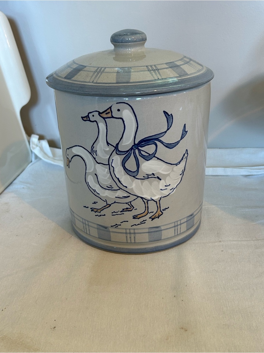 Ceramic Goose large Canister with Blue Trim Louisville stoneware